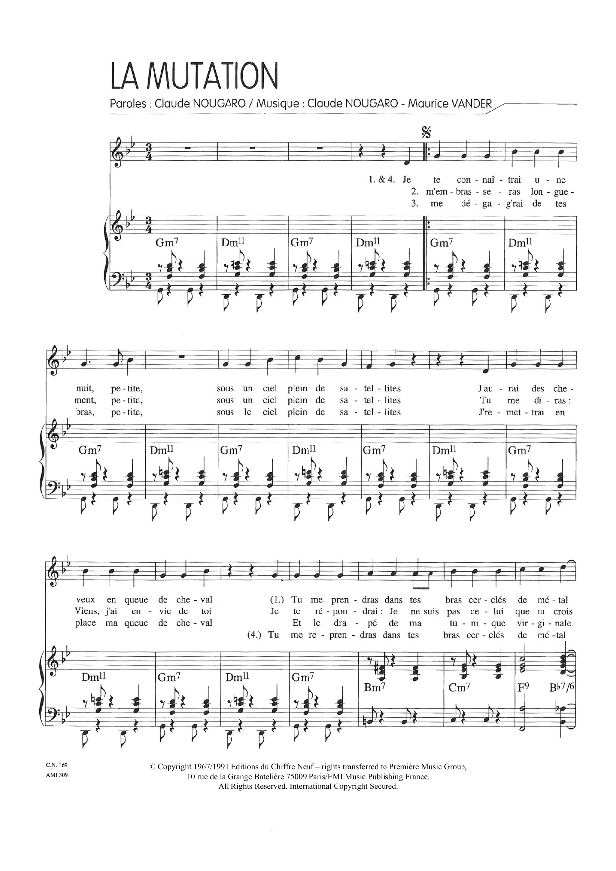 Claude Nougaro Mutation sheet music notes and chords arranged for Piano & Vocal