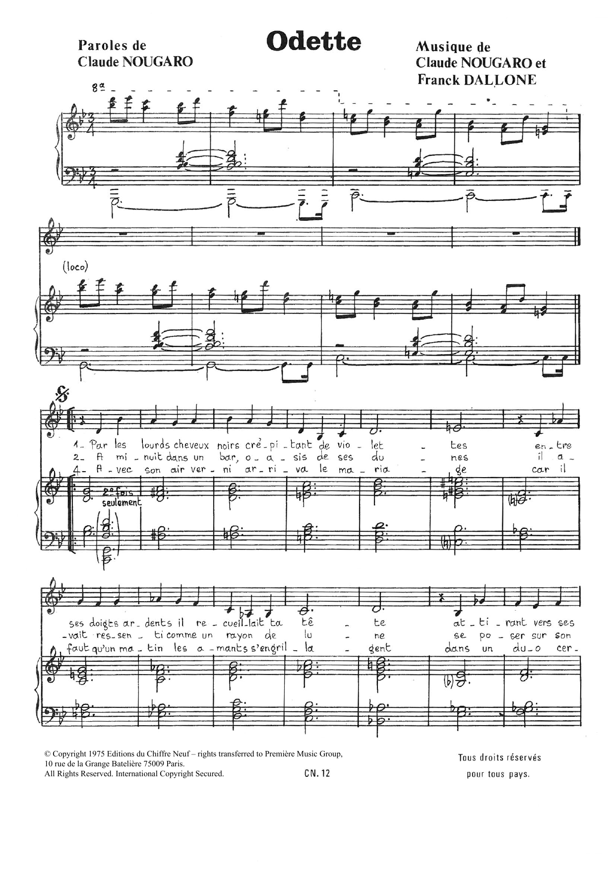Claude Nougaro Odette sheet music notes and chords arranged for Piano & Vocal