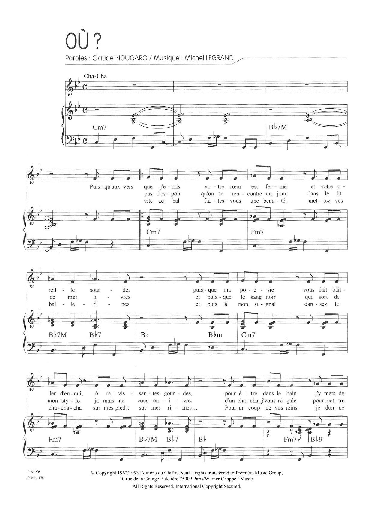 Claude Nougaro Ou? sheet music notes and chords arranged for Piano & Vocal