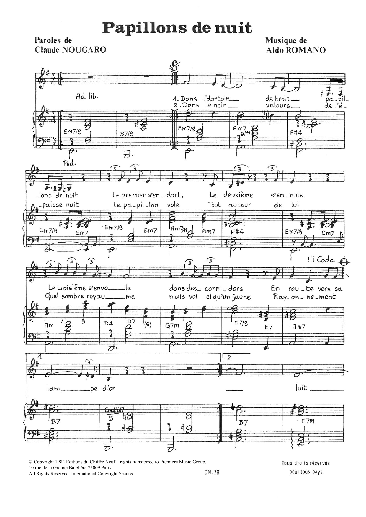 Claude Nougaro Papillons De Nuit sheet music notes and chords arranged for Piano & Vocal