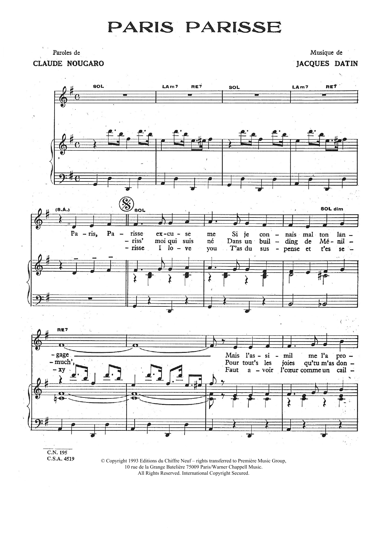 Claude Nougaro Paris Parisse sheet music notes and chords arranged for Piano & Vocal