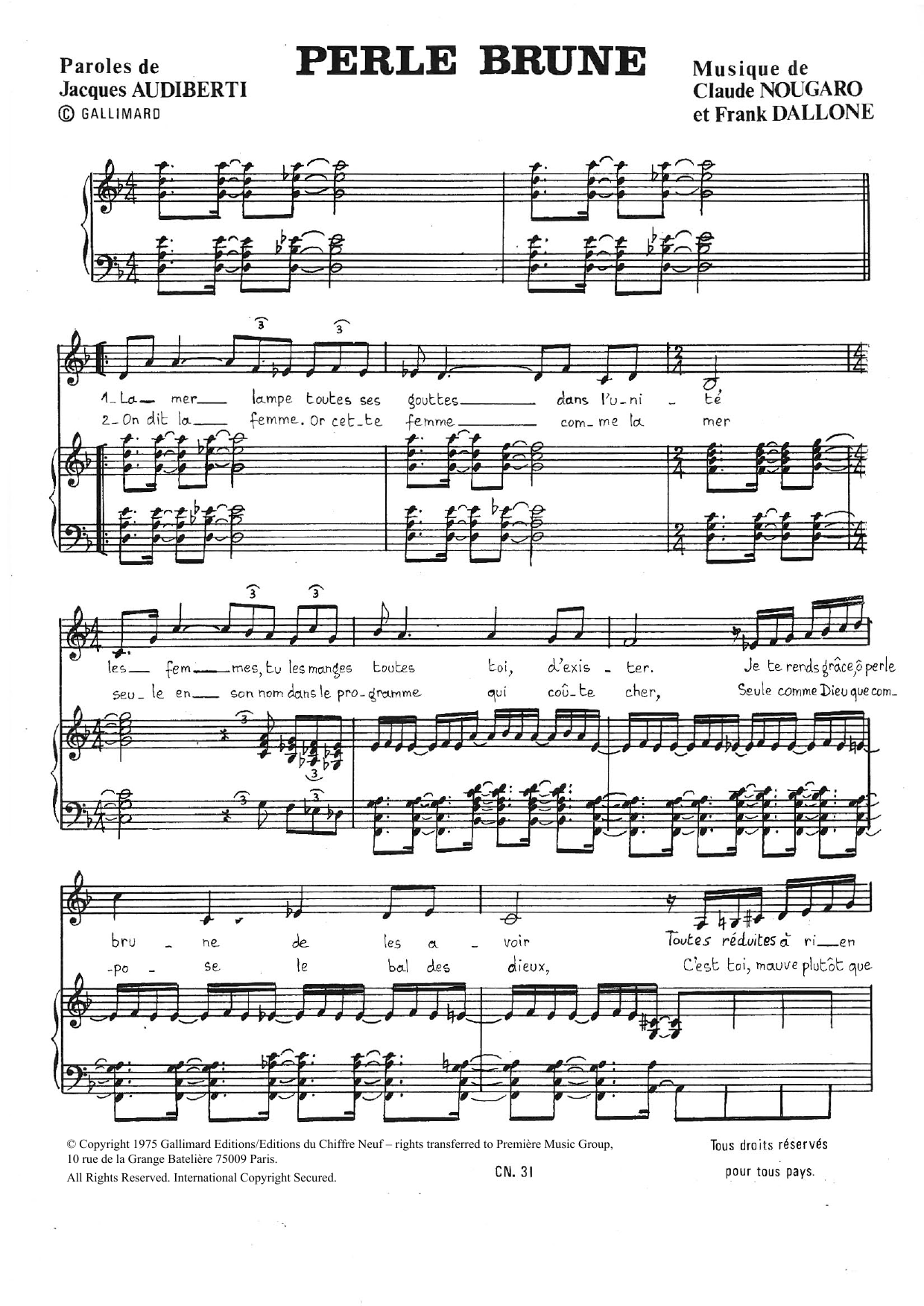 Claude Nougaro Perle Brune sheet music notes and chords arranged for Piano & Vocal