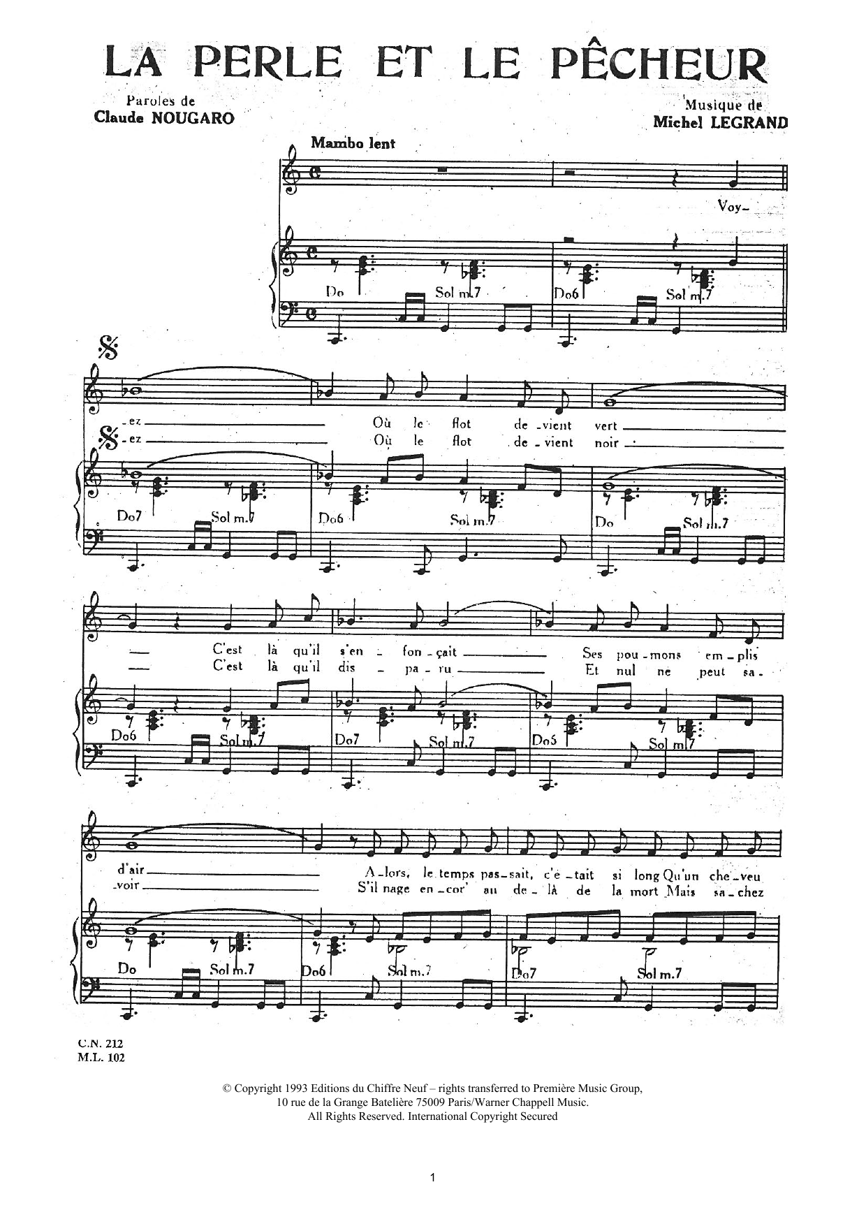 Claude Nougaro Perle Et Le Pecheur sheet music notes and chords arranged for Piano & Vocal