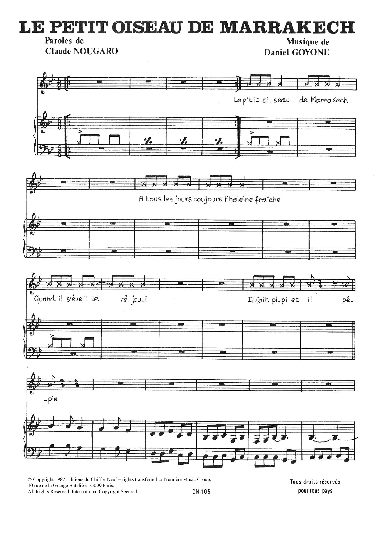 Claude Nougaro Petit Oiseau De Marrakech sheet music notes and chords arranged for Piano & Vocal