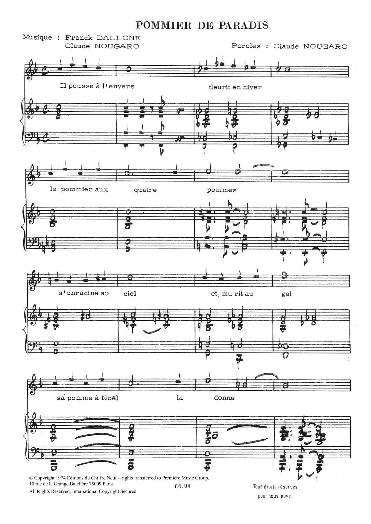 Claude Nougaro Pommier De Paradis sheet music notes and chords arranged for Piano & Vocal