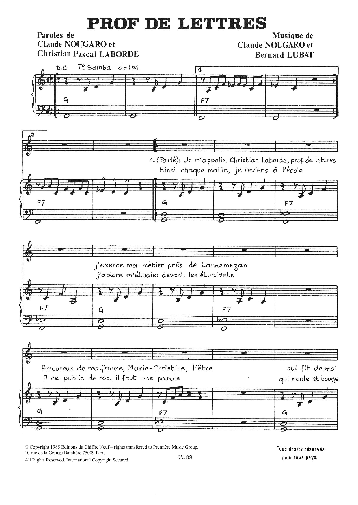 Claude Nougaro Prof De Lettres sheet music notes and chords arranged for Piano & Vocal