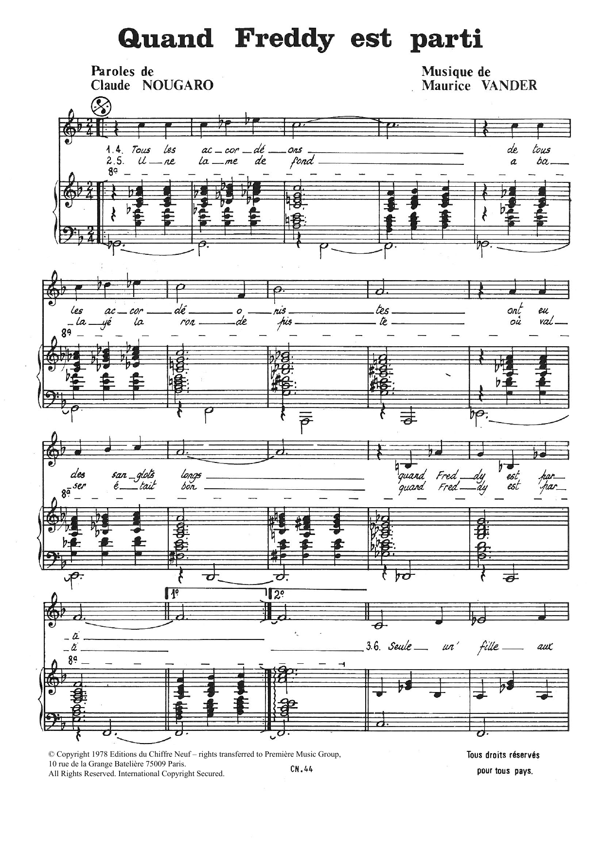 Claude Nougaro Quand Freddy Est Parti sheet music notes and chords arranged for Piano & Vocal