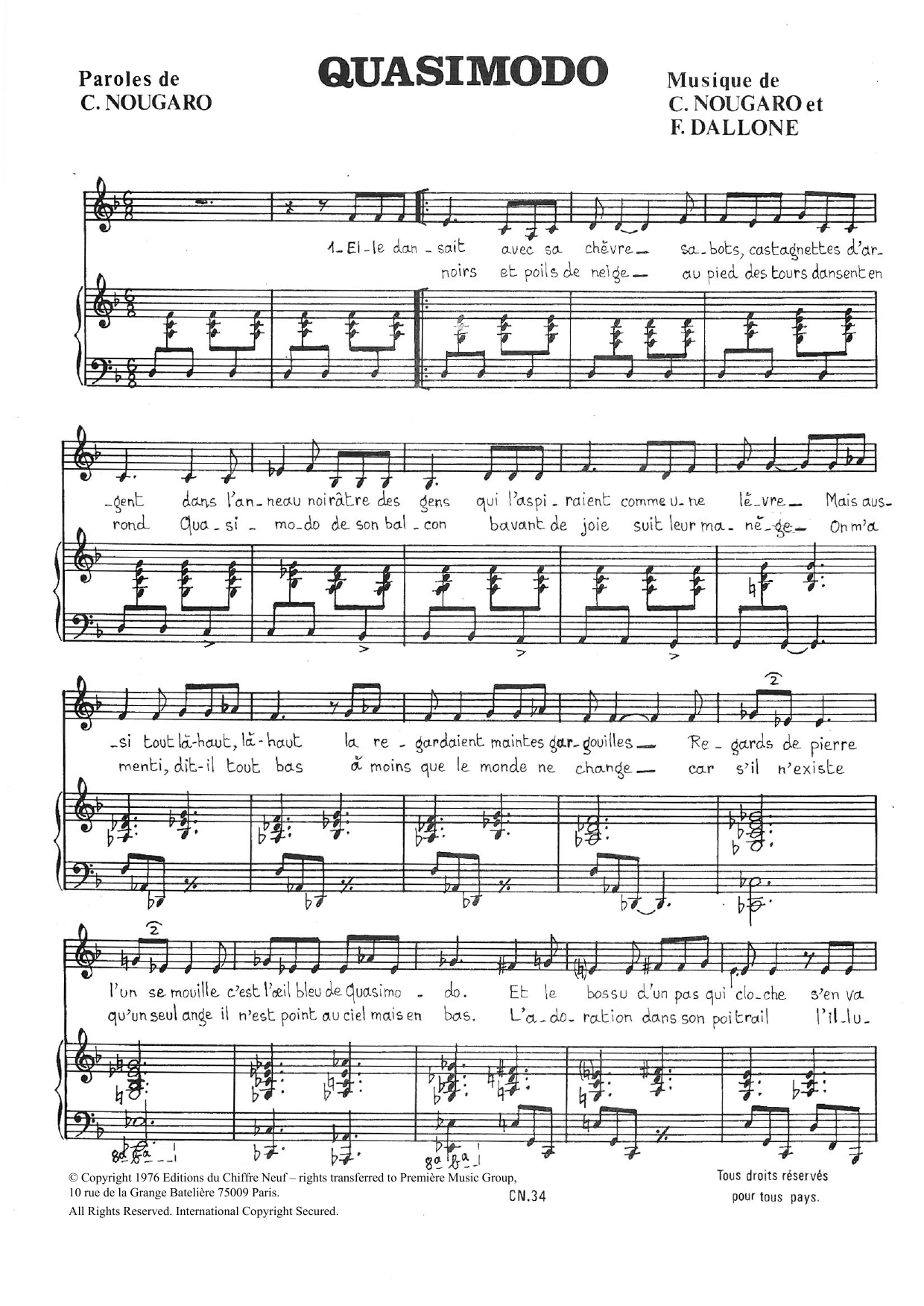 Claude Nougaro Quasimodo sheet music notes and chords arranged for Piano & Vocal
