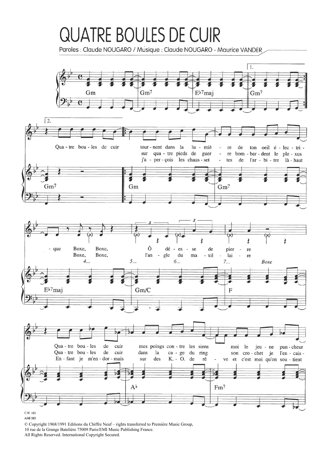 Claude Nougaro Quatre Boules De Cuir sheet music notes and chords arranged for Piano & Vocal