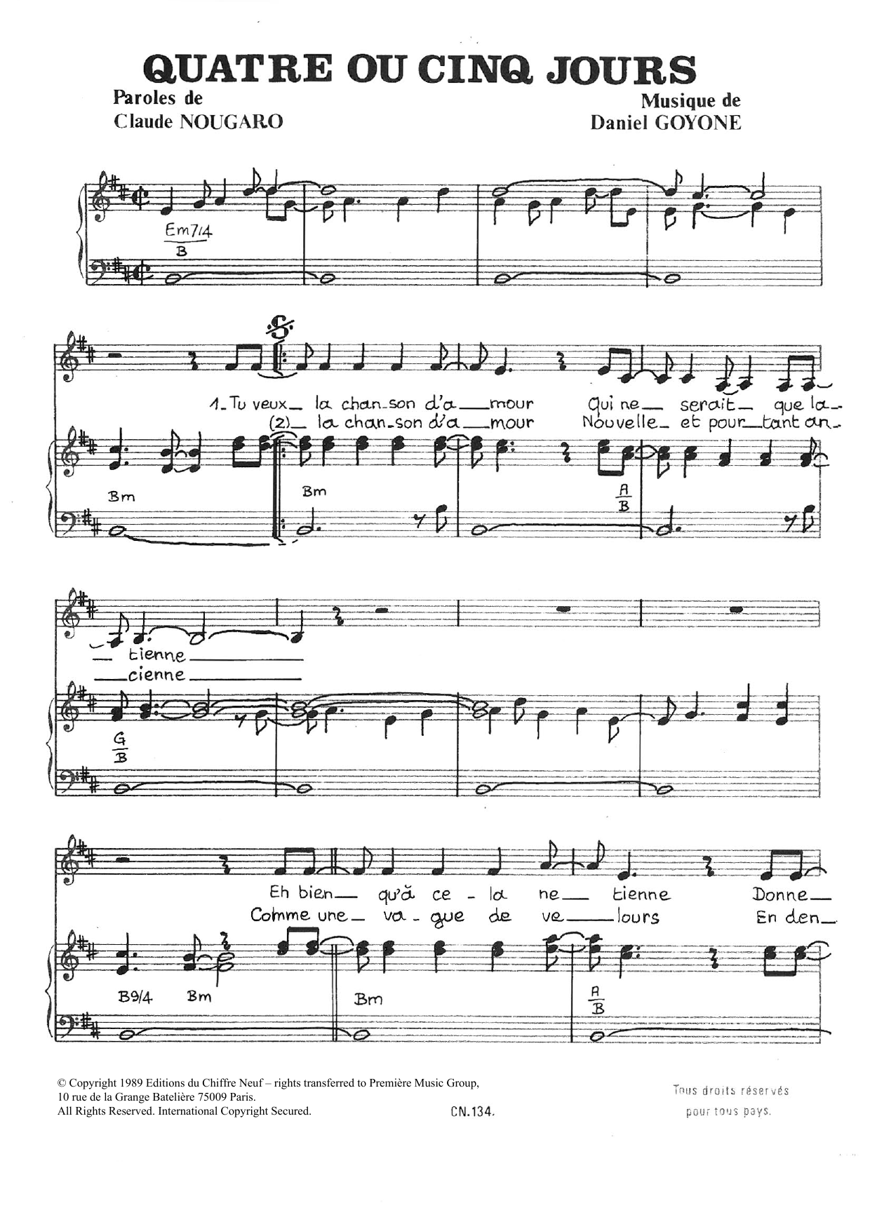 Claude Nougaro Quatre Ou Cinq Jours sheet music notes and chords arranged for Piano & Vocal