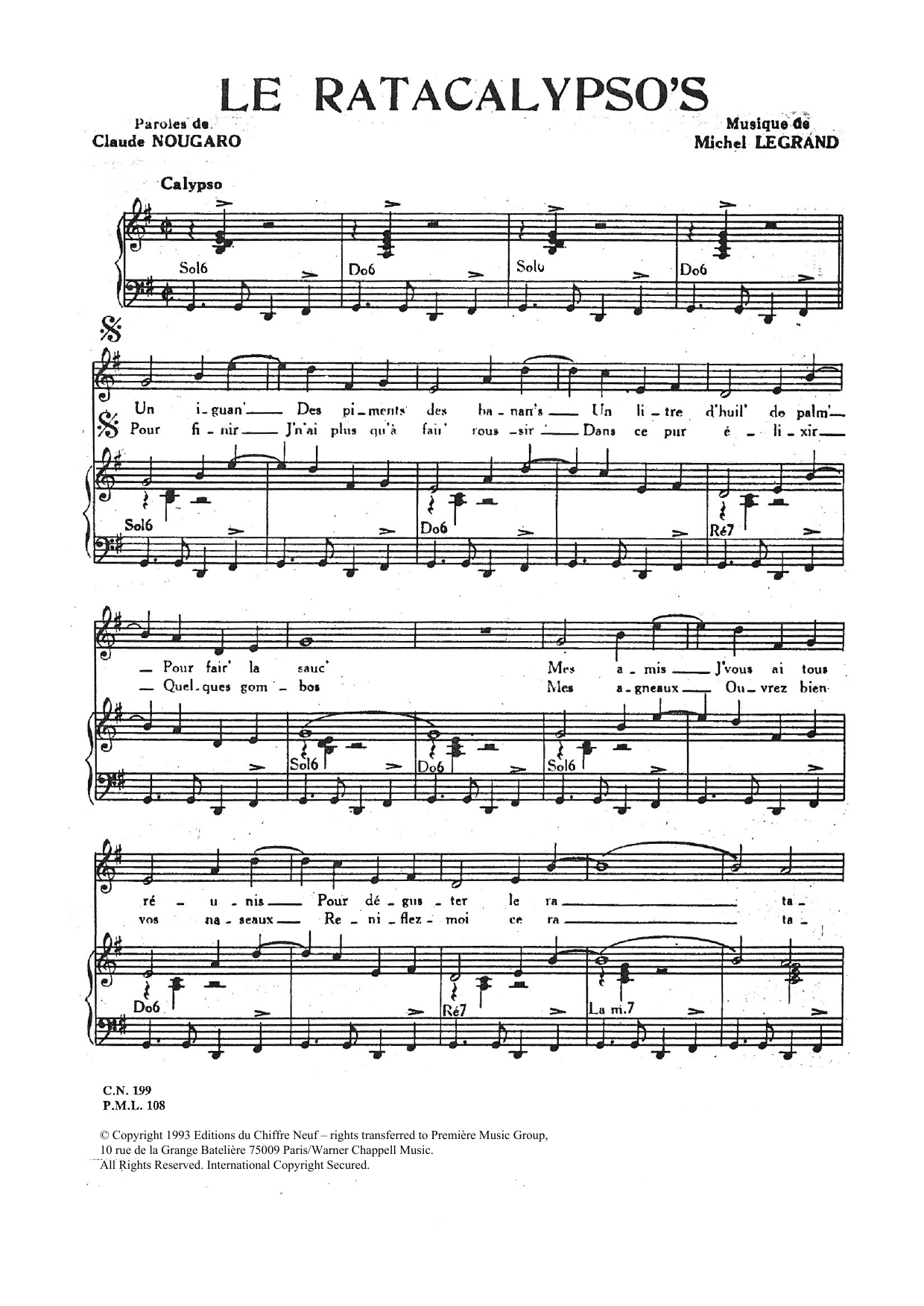 Claude Nougaro Ratacalypso's sheet music notes and chords arranged for Piano & Vocal
