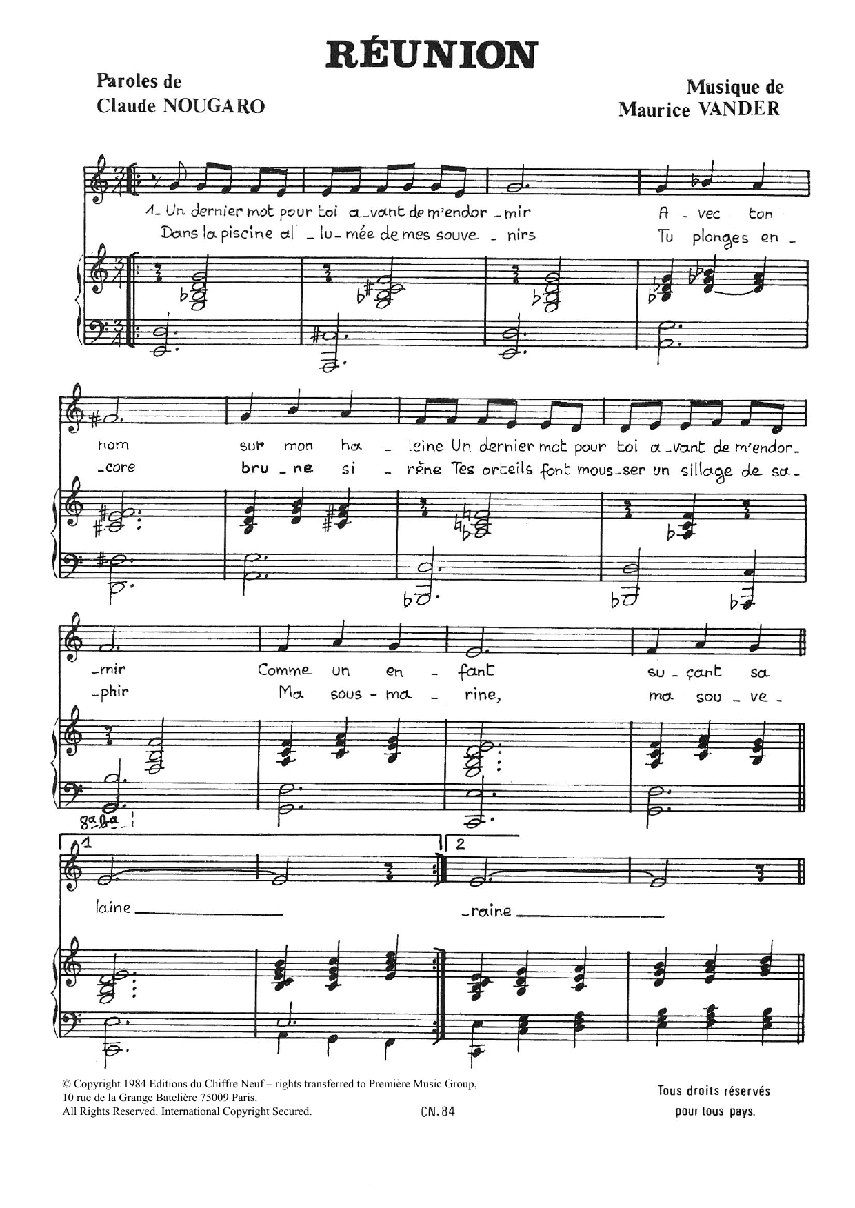 Claude Nougaro Reunion sheet music notes and chords arranged for Piano & Vocal