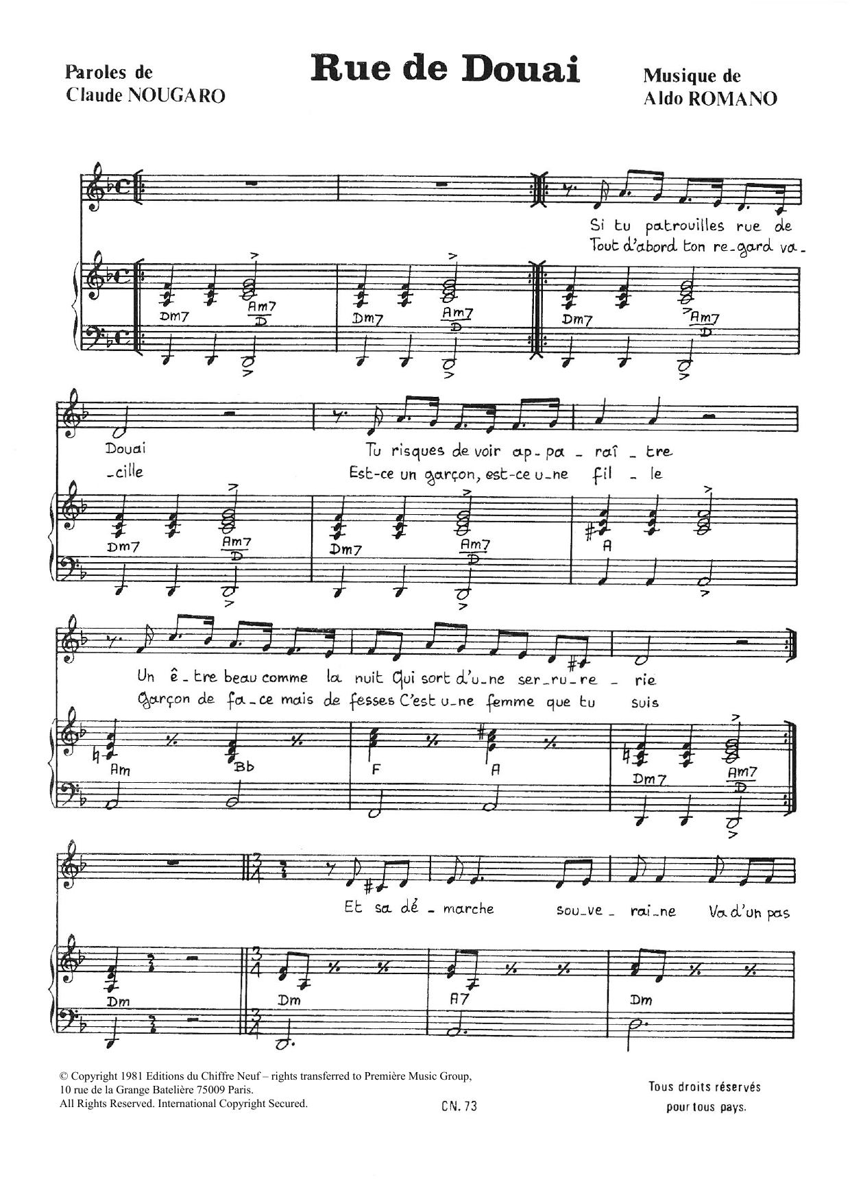 Claude Nougaro Rue De Douai sheet music notes and chords arranged for Piano & Vocal