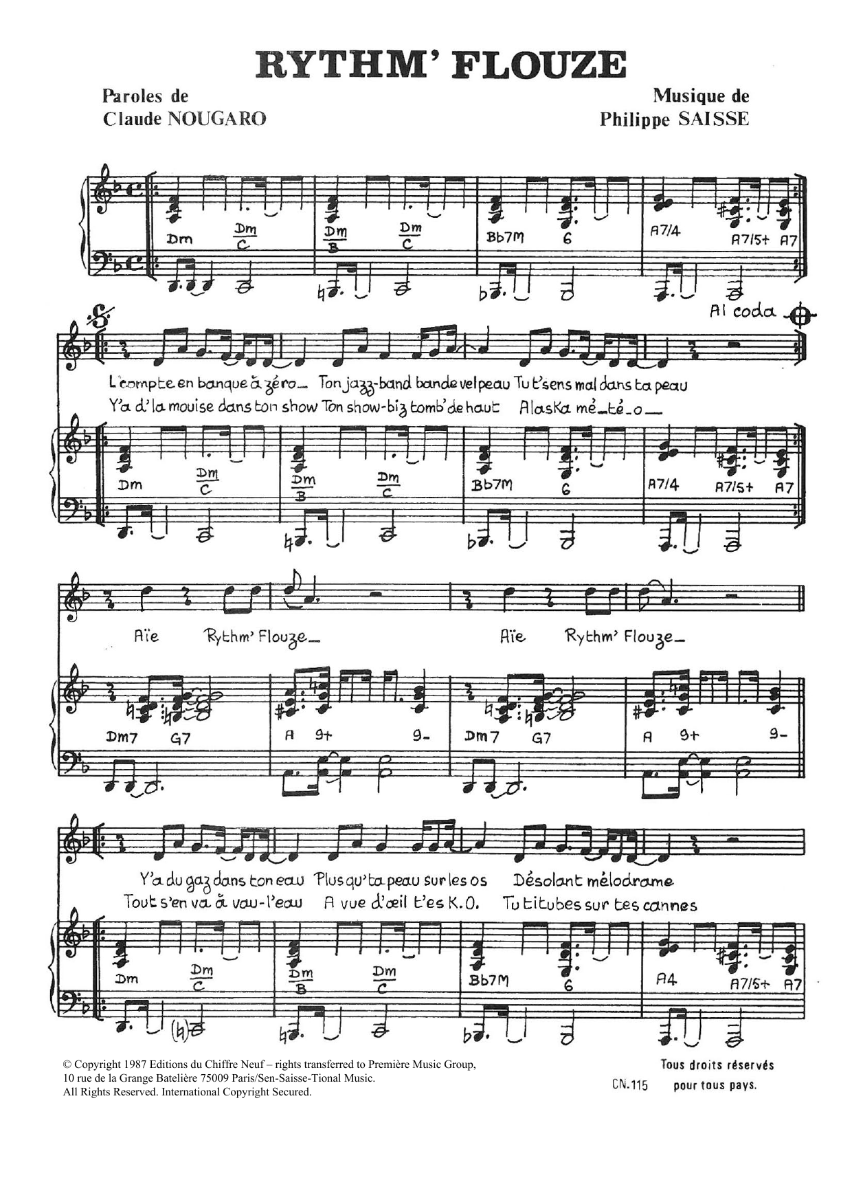 Claude Nougaro Rythm' Flouze sheet music notes and chords arranged for Piano & Vocal