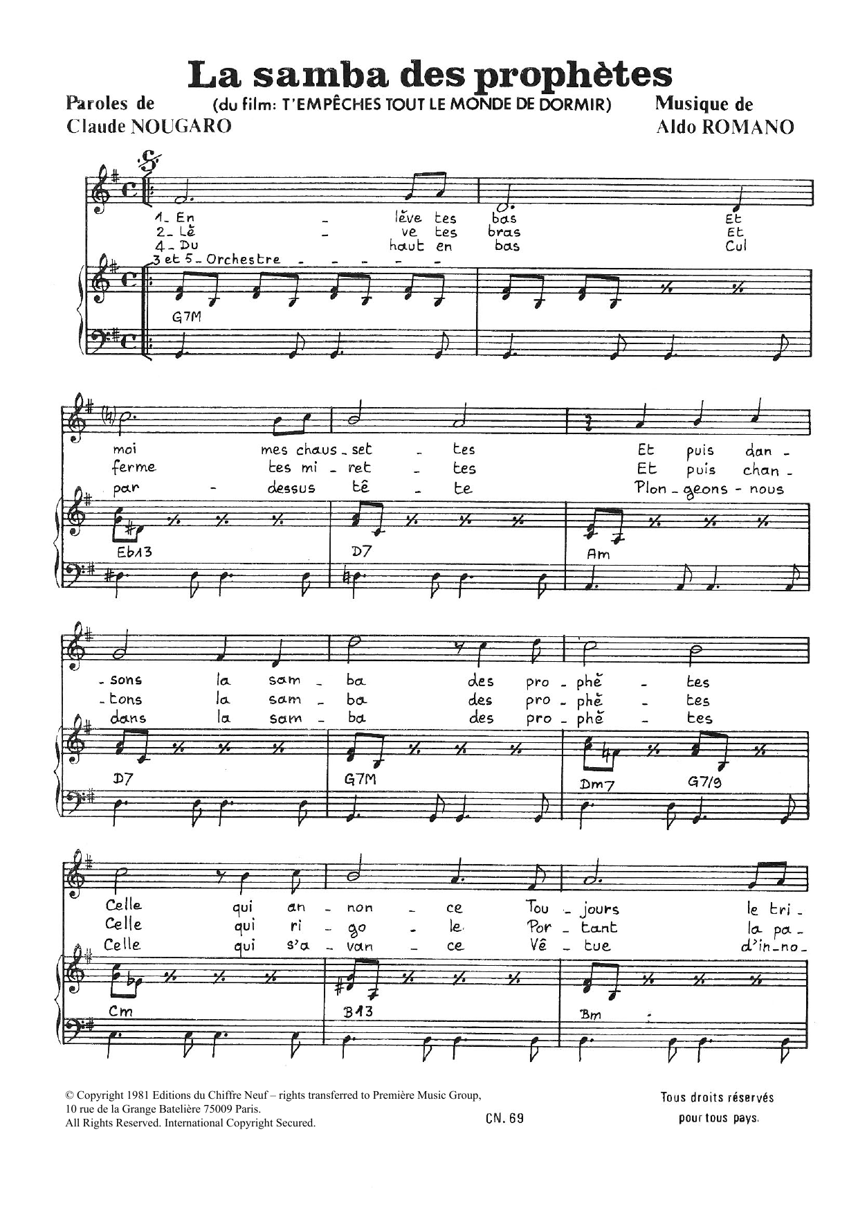 Claude Nougaro Samba Des Prophetes sheet music notes and chords arranged for Piano & Vocal