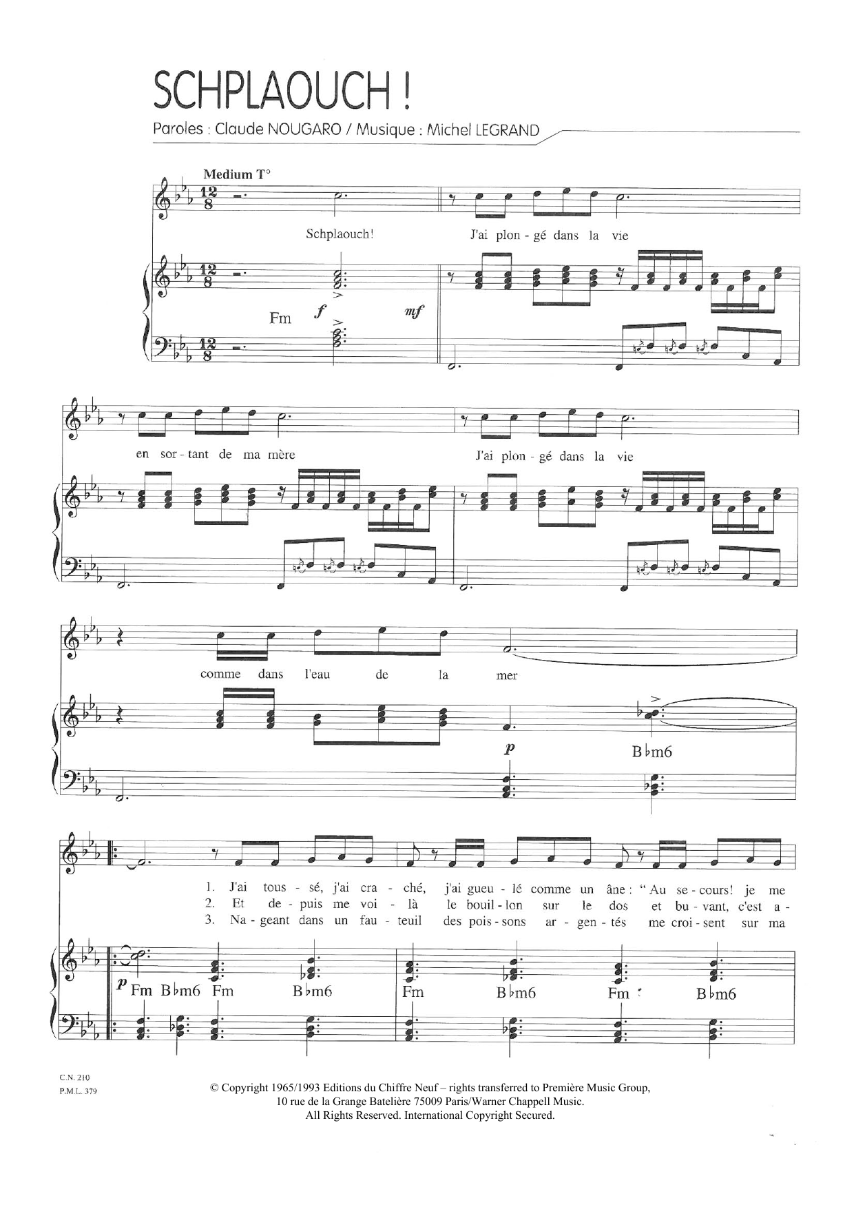 Claude Nougaro Schplaouch sheet music notes and chords arranged for Piano & Vocal