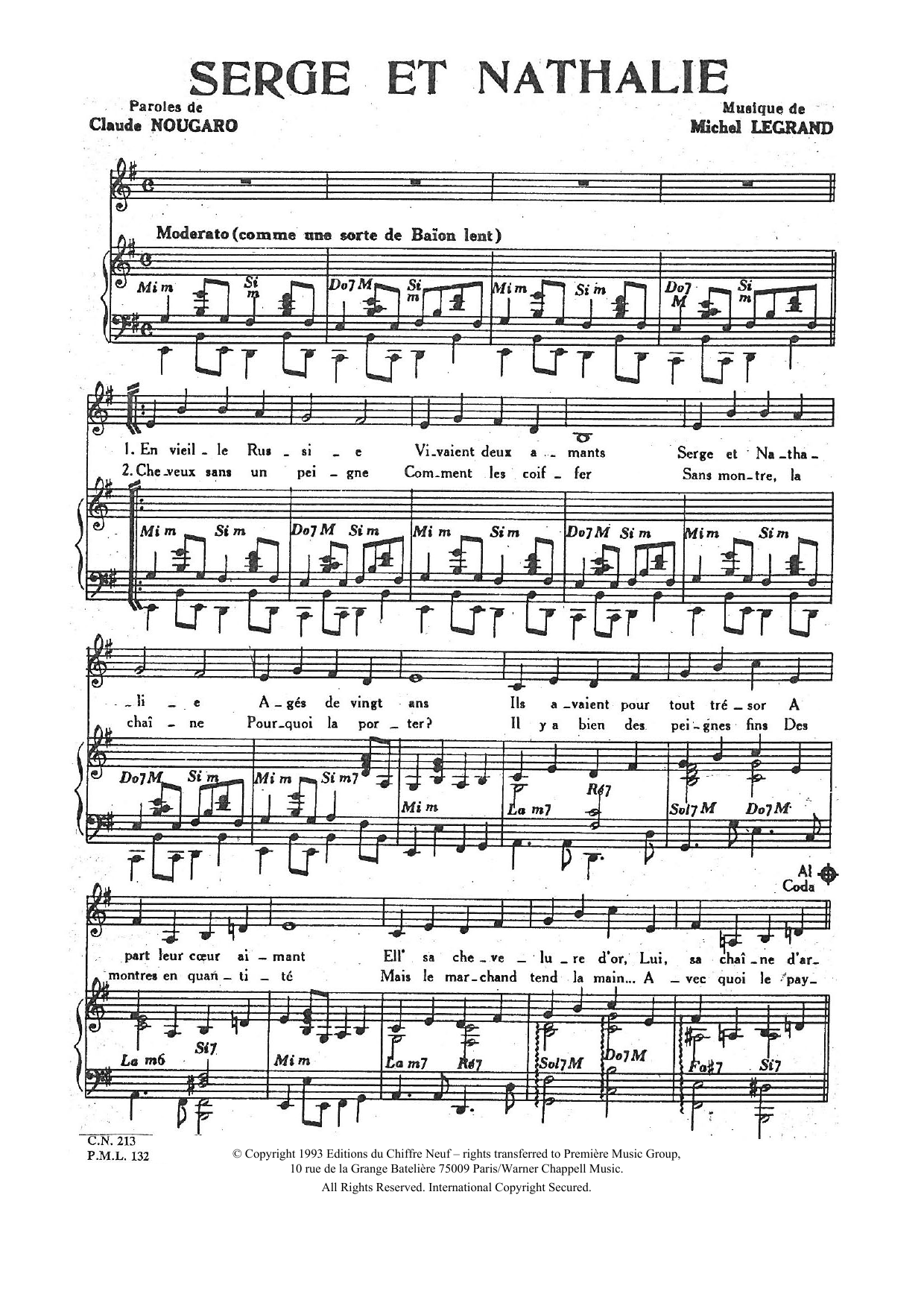 Claude Nougaro Serge Et Nathalie sheet music notes and chords arranged for Piano & Vocal