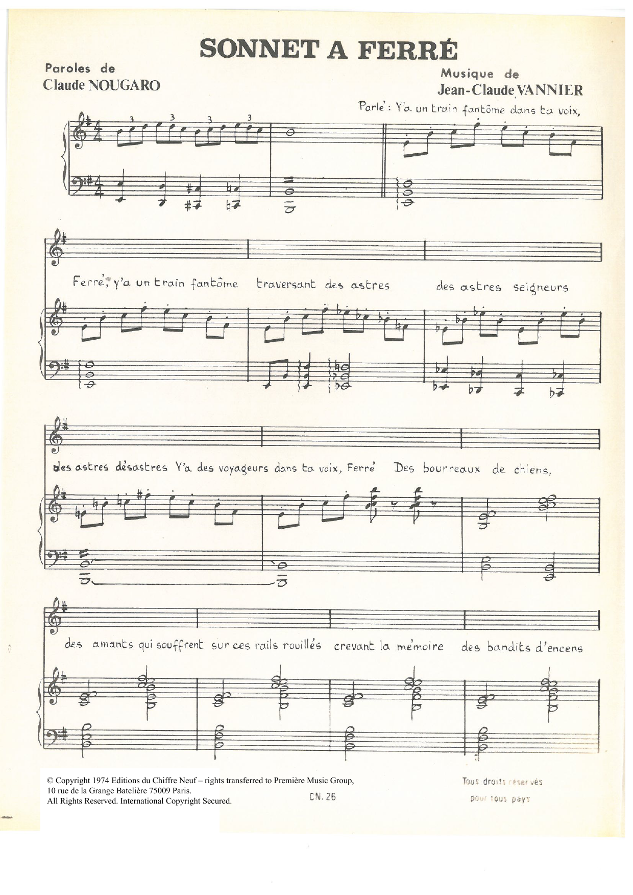 Claude Nougaro Sonnet A Ferre sheet music notes and chords arranged for Piano & Vocal