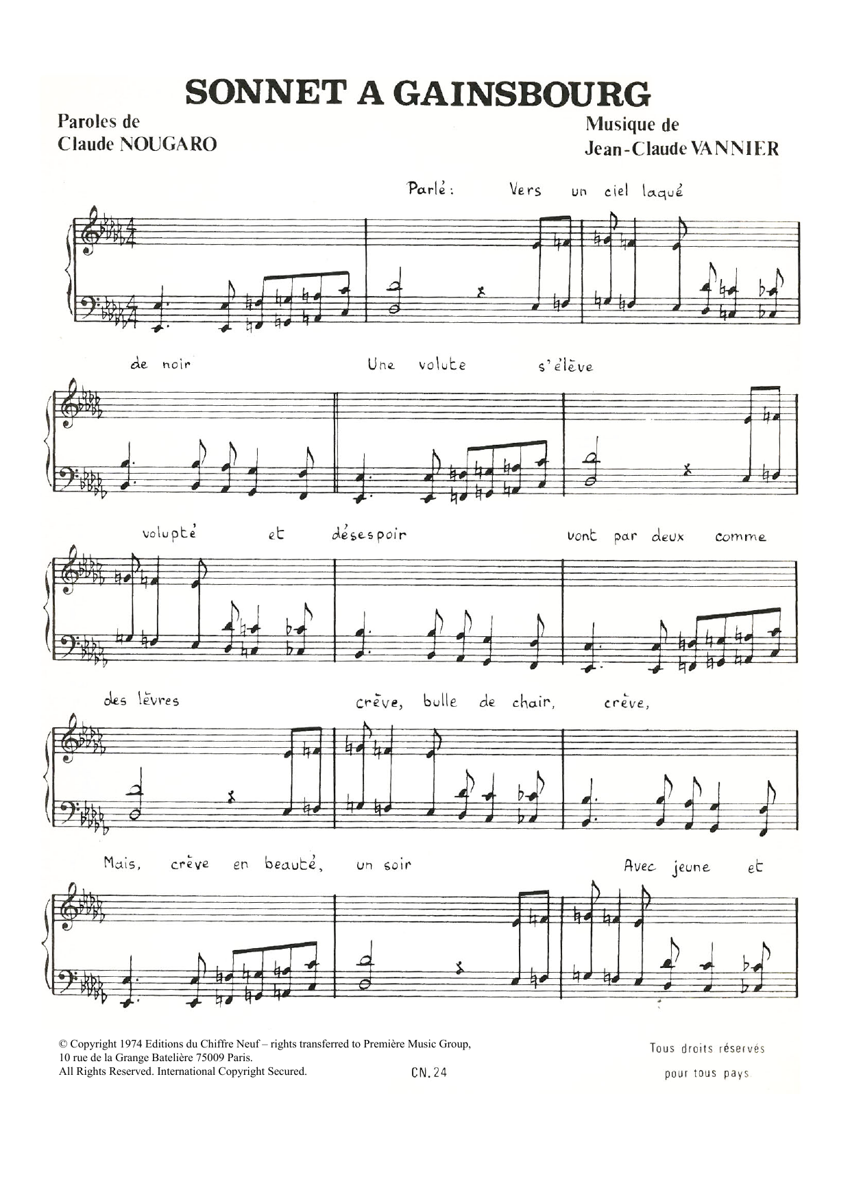Claude Nougaro Sonnet A Gainsbourg sheet music notes and chords arranged for Piano & Vocal