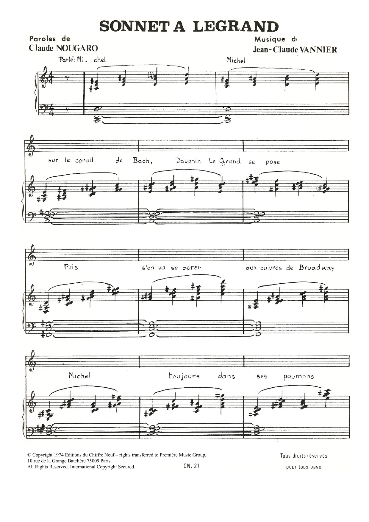 Claude Nougaro Sonnet A Legrand sheet music notes and chords arranged for Piano & Vocal