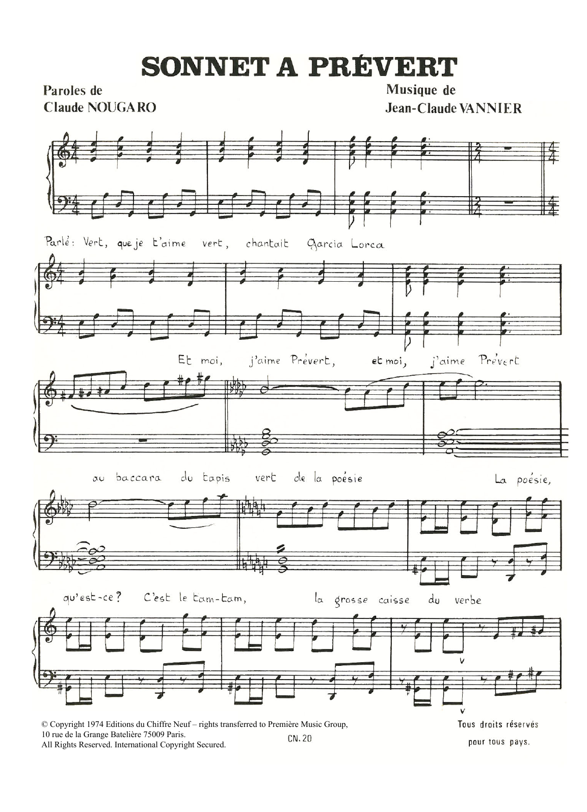 Claude Nougaro Sonnet A Prevert sheet music notes and chords arranged for Piano & Vocal