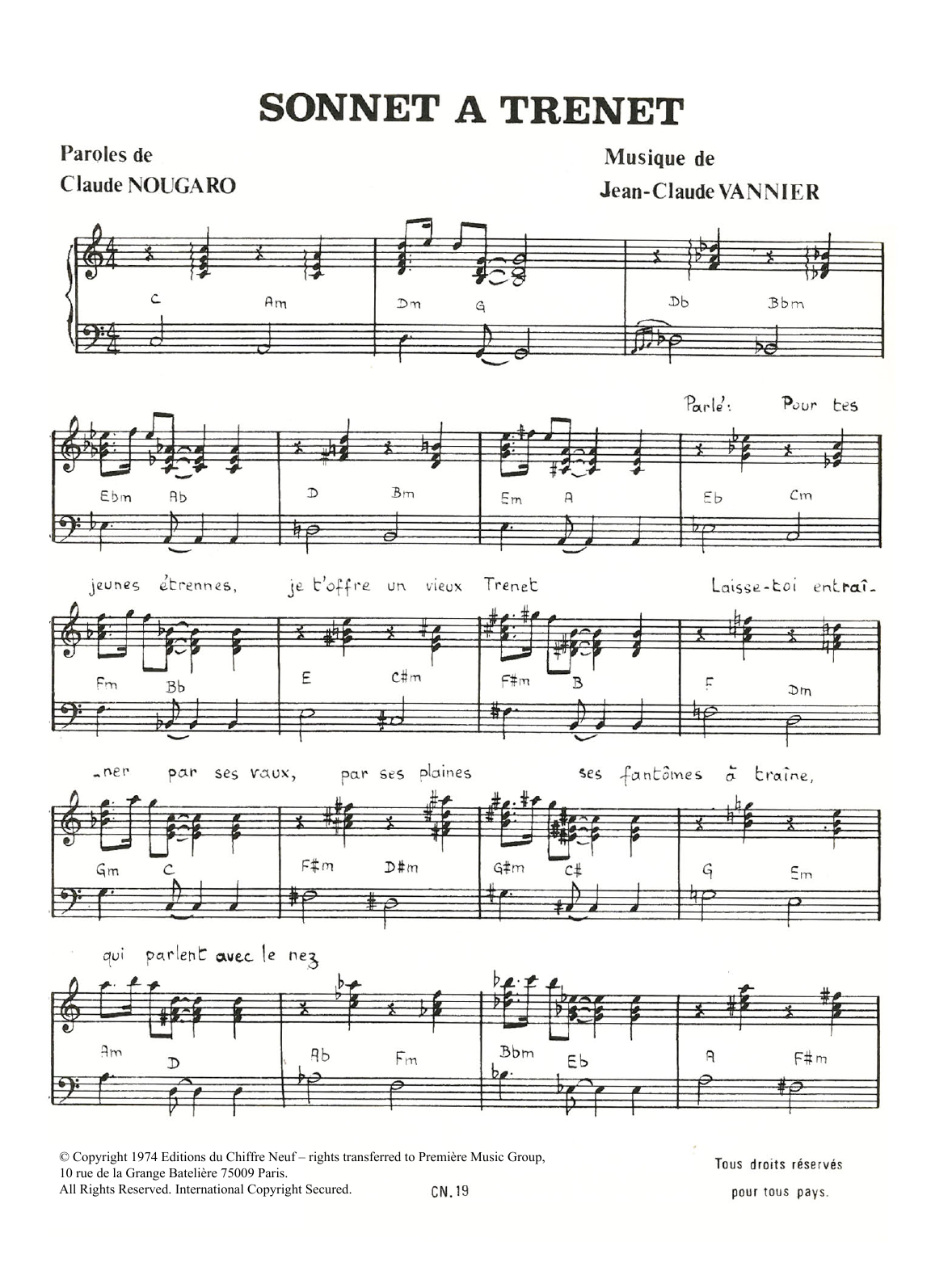 Claude Nougaro Sonnet A Trenet sheet music notes and chords arranged for Piano & Vocal