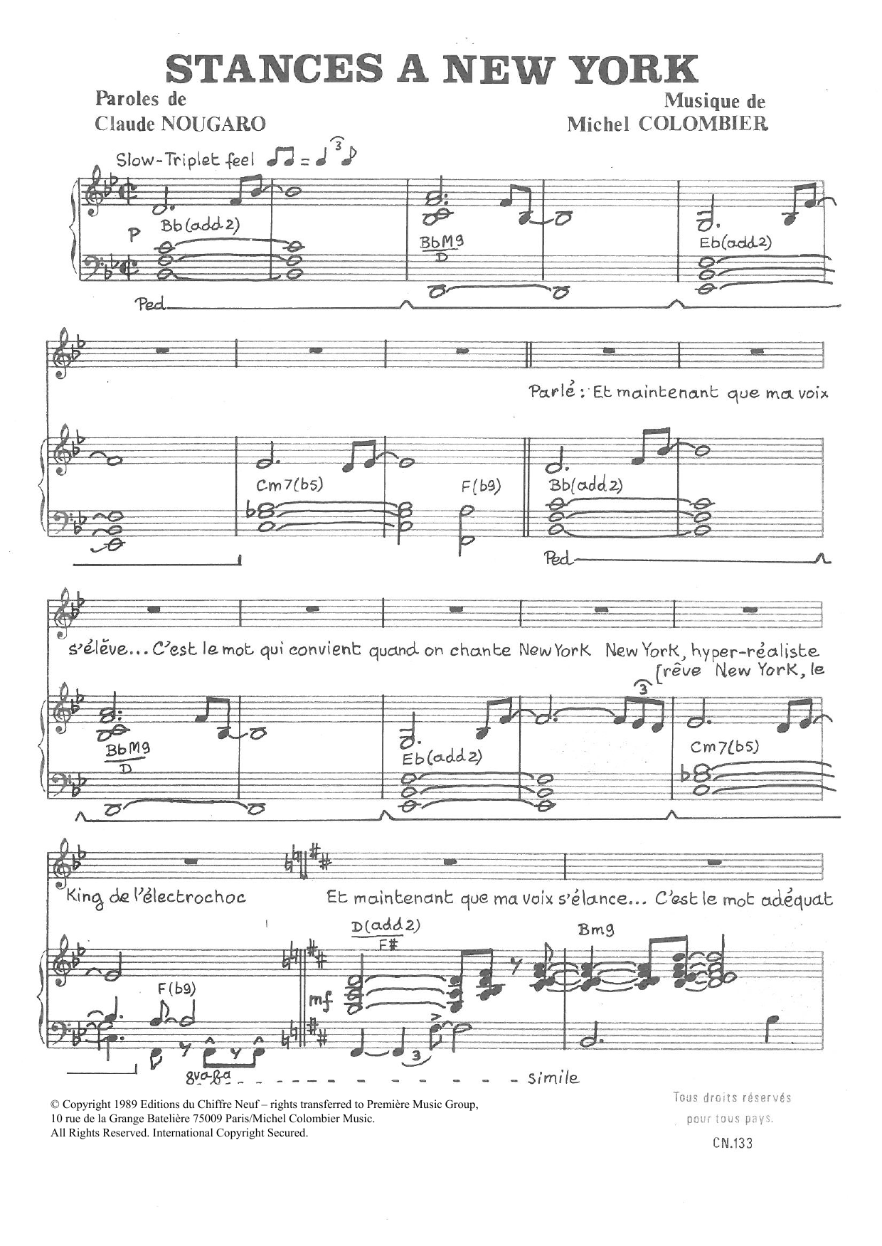 Claude Nougaro Stances A New York sheet music notes and chords arranged for Piano & Vocal