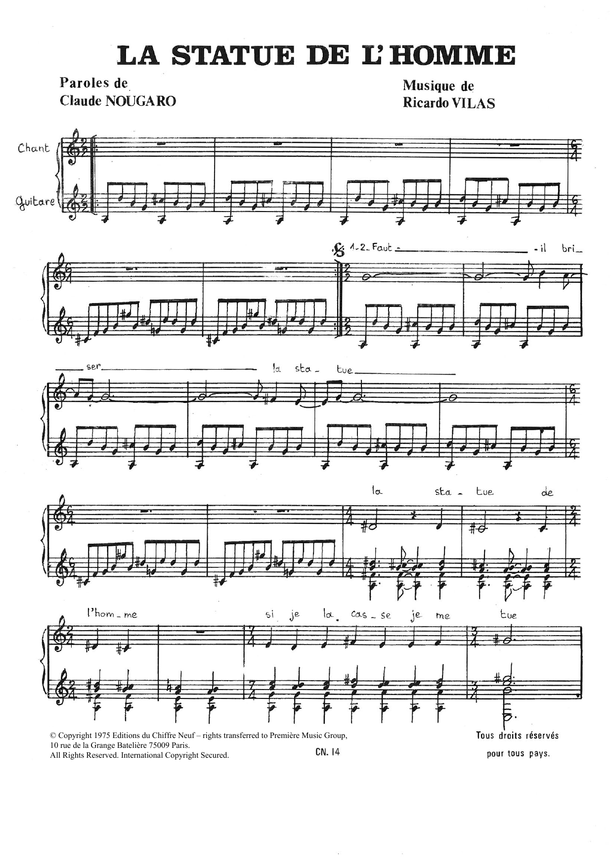 Claude Nougaro Statue De L'homme sheet music notes and chords arranged for Piano & Vocal