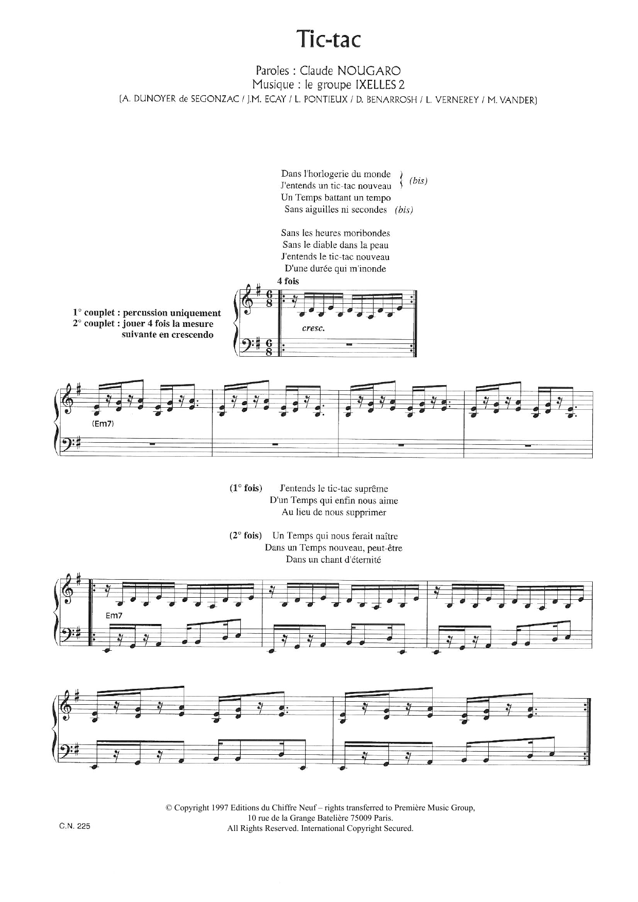Claude Nougaro Tic Tac sheet music notes and chords arranged for Piano & Vocal