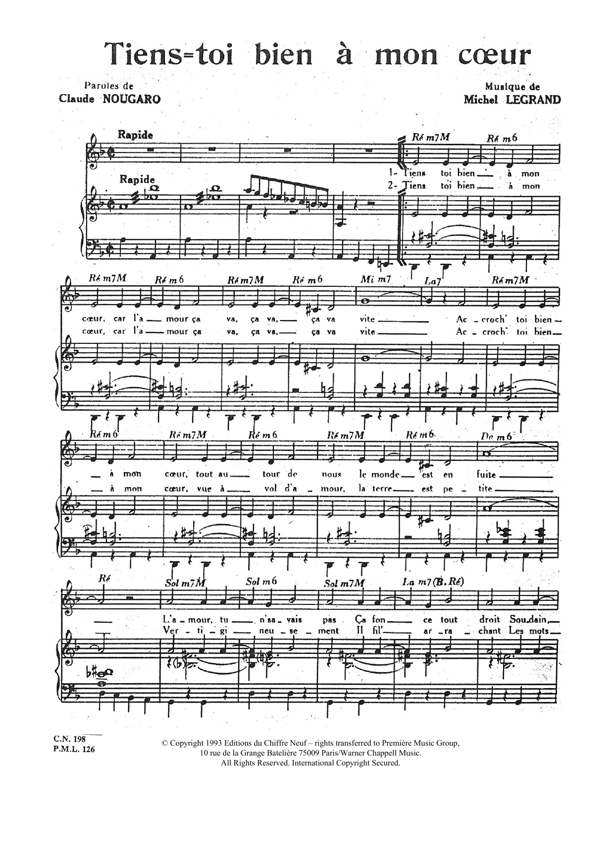 Claude Nougaro Tiens Toi Bien A Mon Coeur sheet music notes and chords arranged for Piano & Vocal