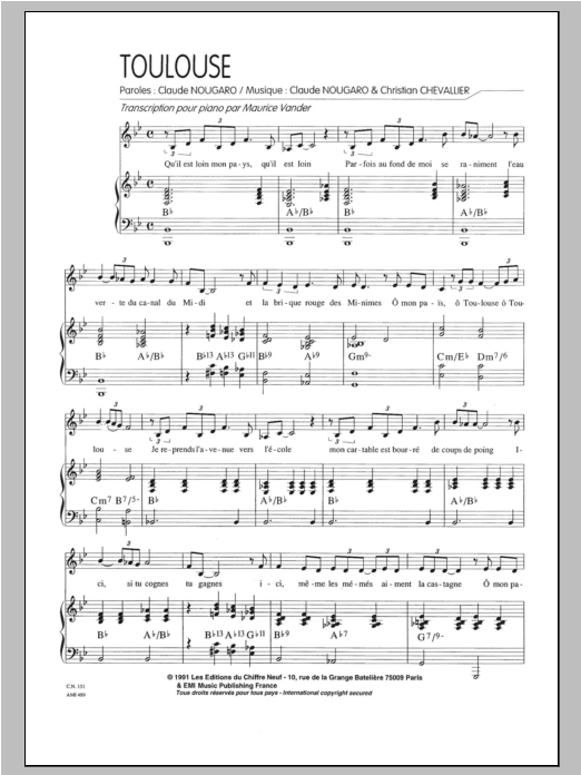 Claude Nougaro Toulouse sheet music notes and chords arranged for Piano & Vocal