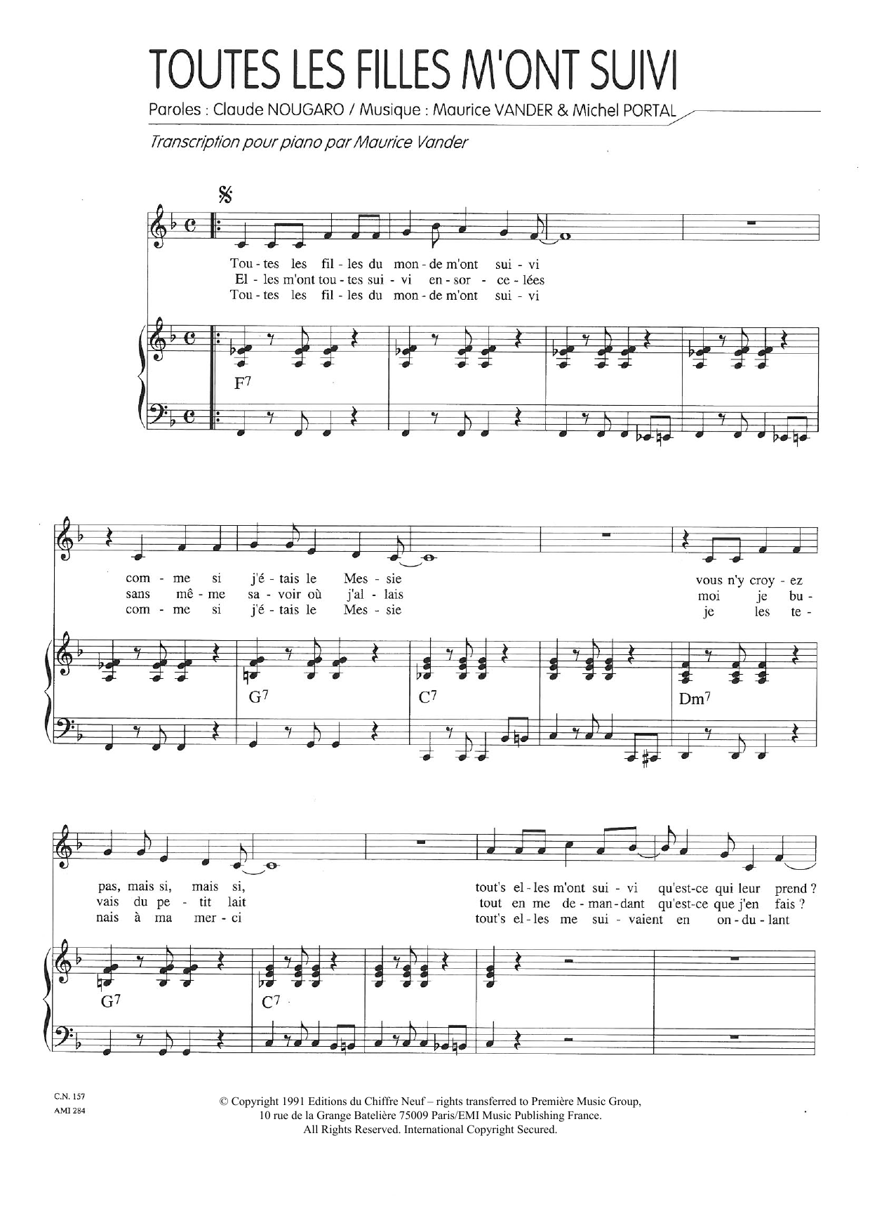 Claude Nougaro Toutes Les Filles M'ont Suivi sheet music notes and chords arranged for Piano & Vocal