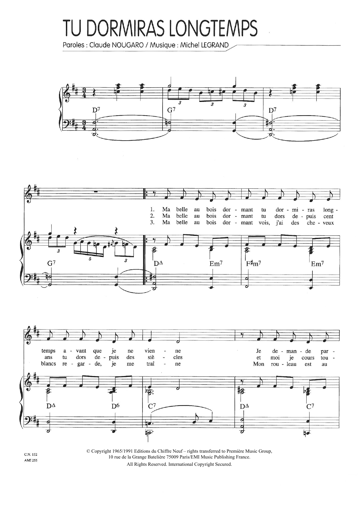Claude Nougaro Tu Dormiras Longtemps sheet music notes and chords arranged for Piano & Vocal