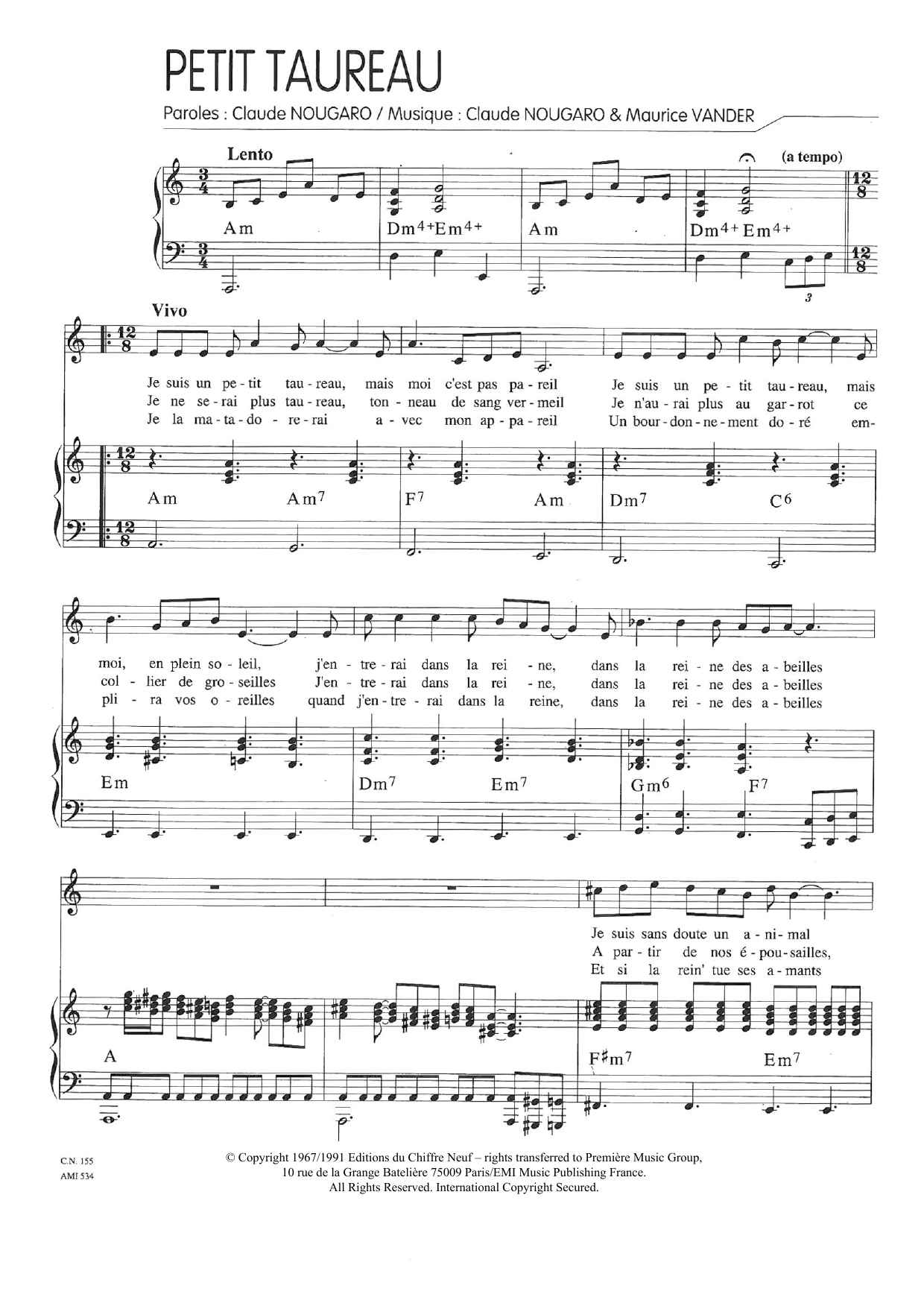 Claude Nougaro Un Petit Taureau sheet music notes and chords arranged for Piano & Vocal