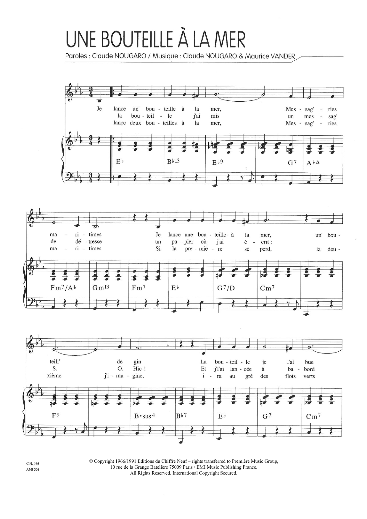 Claude Nougaro Une Bouteille A La Mer sheet music notes and chords arranged for Piano & Vocal