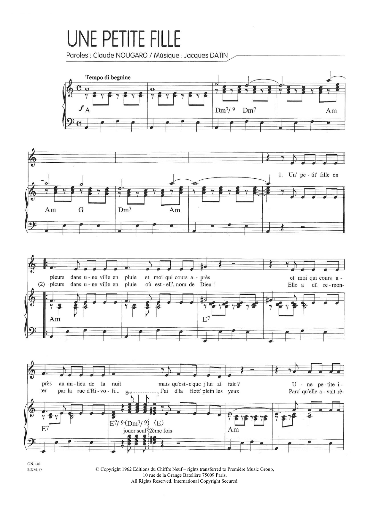 Claude Nougaro Une Petite Fille sheet music notes and chords arranged for Piano & Vocal