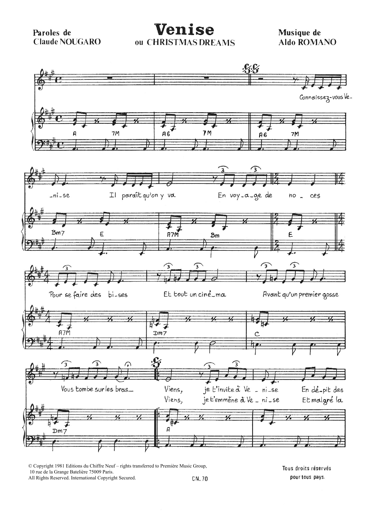 Claude Nougaro Venise (Christmas Dreams) sheet music notes and chords arranged for Piano & Vocal