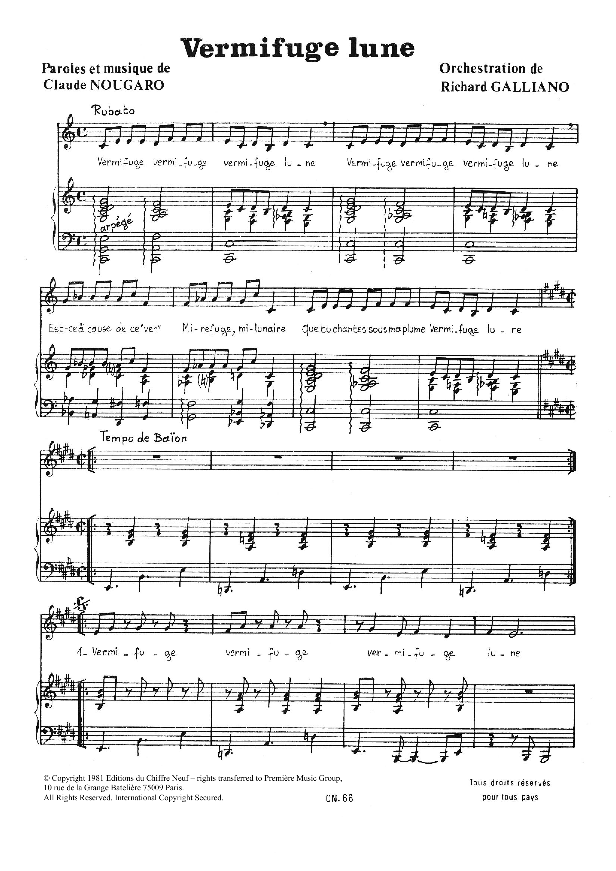 Claude Nougaro Vermifuge Lune sheet music notes and chords arranged for Piano & Vocal