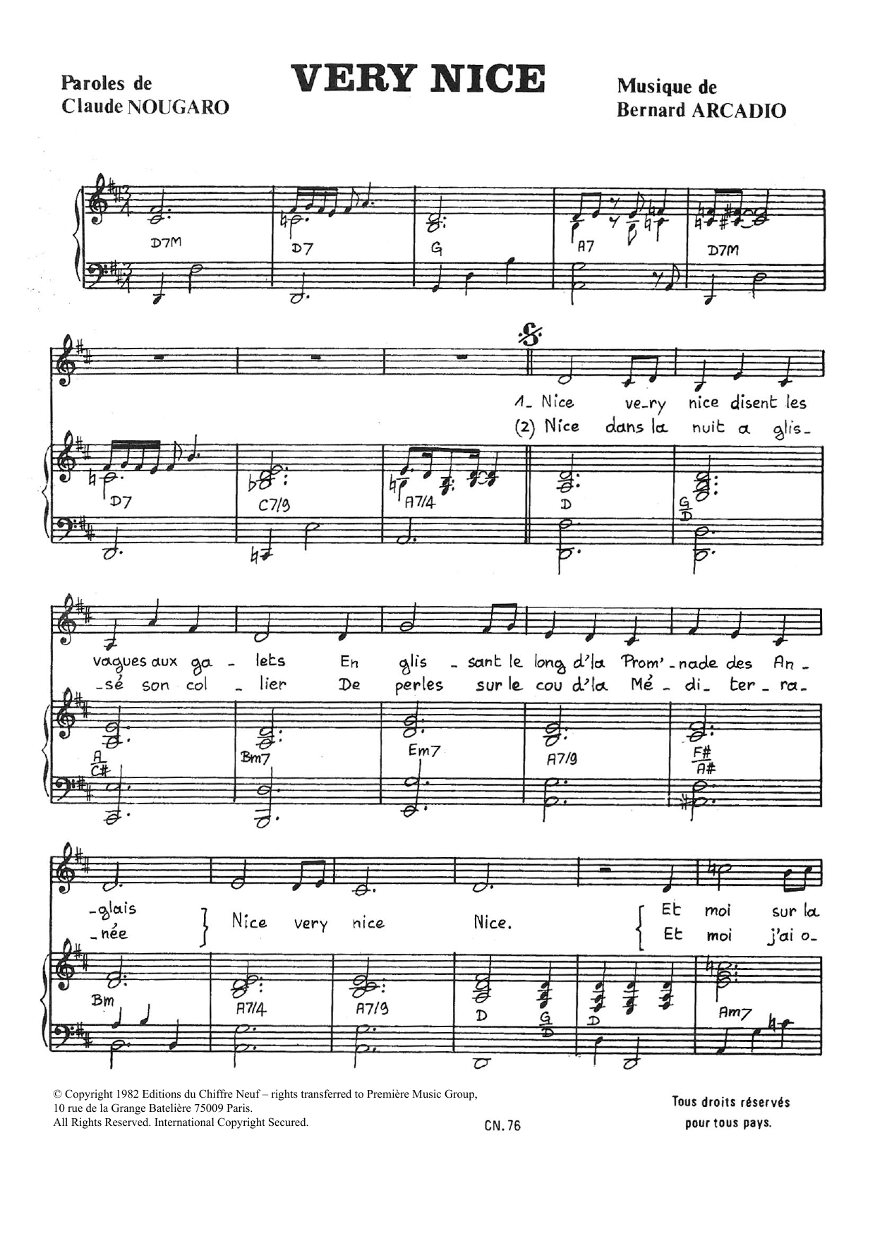 Claude Nougaro Very Nice sheet music notes and chords arranged for Piano & Vocal