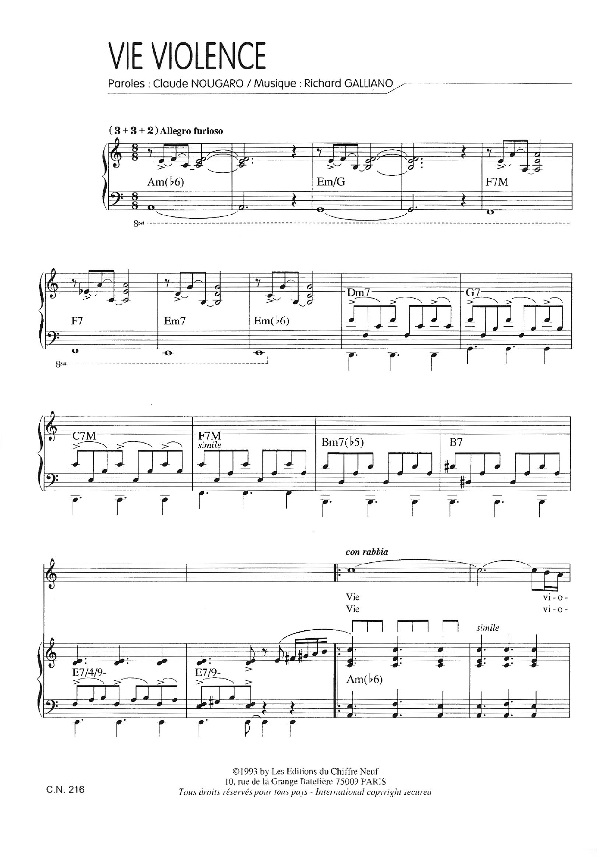 Claude Nougaro Vie Violence sheet music notes and chords arranged for Piano & Vocal