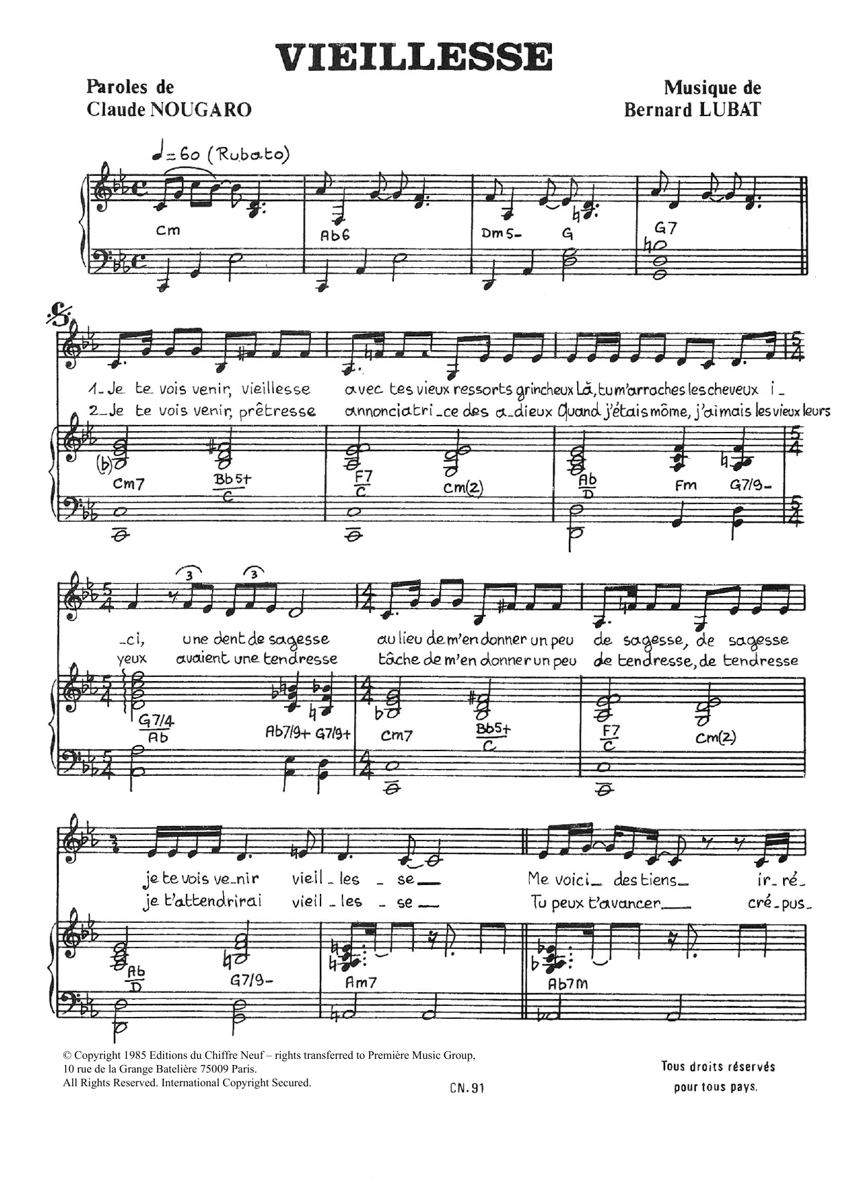 Claude Nougaro Vieillesse sheet music notes and chords arranged for Piano & Vocal