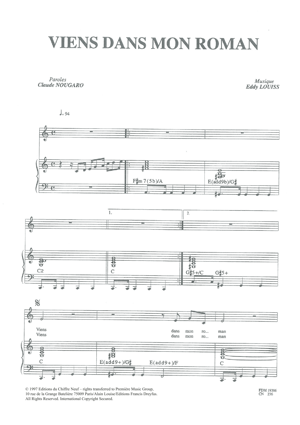 Claude Nougaro Viens Dans Mon Roman sheet music notes and chords arranged for Piano & Vocal