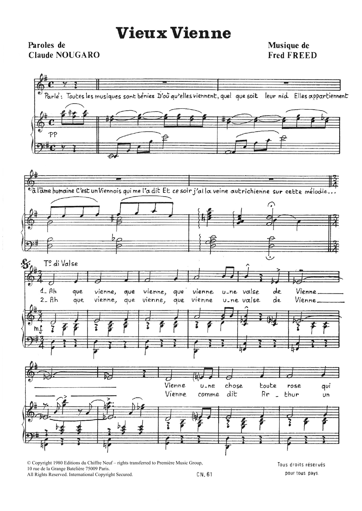Claude Nougaro Vieux Vienne sheet music notes and chords arranged for Piano & Vocal