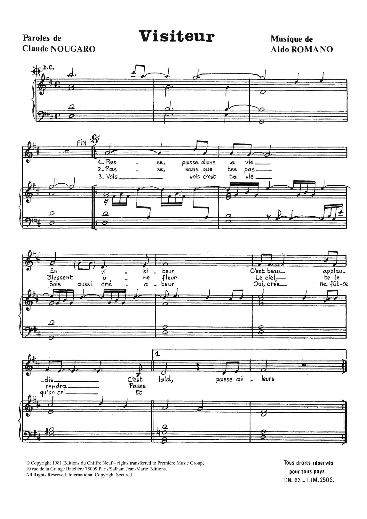 Claude Nougaro Visiteur sheet music notes and chords arranged for Piano & Vocal