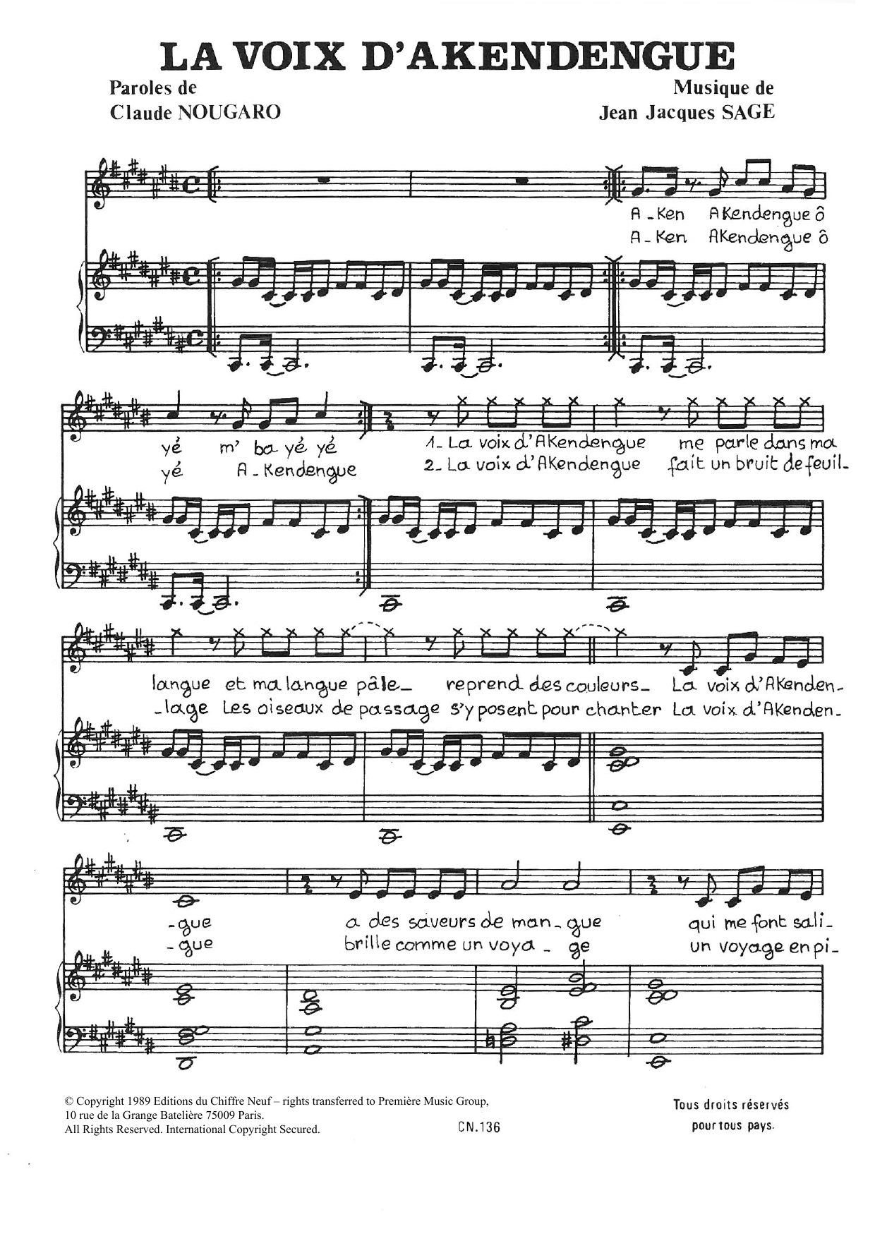 Claude Nougaro Voix D'akendengue sheet music notes and chords arranged for Piano & Vocal
