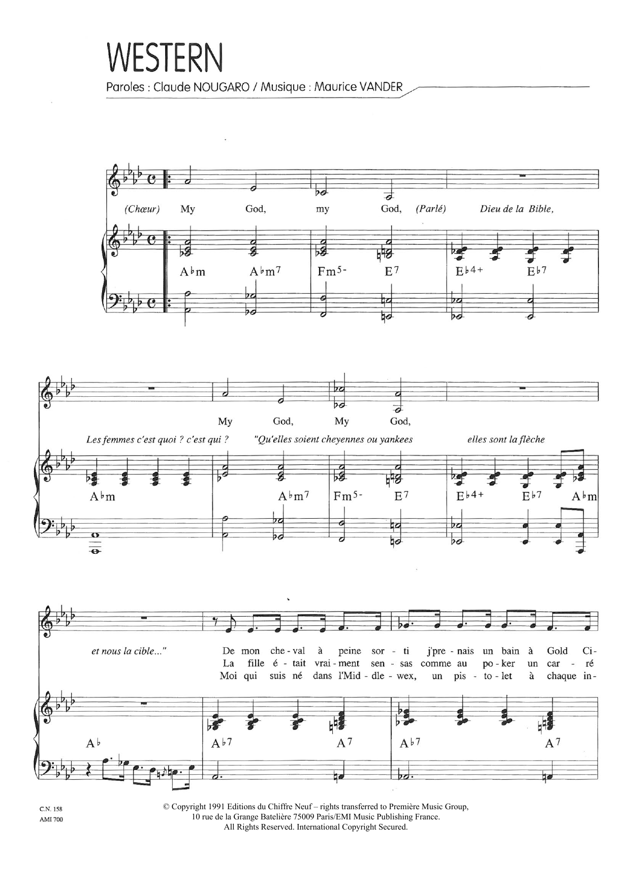 Claude Nougaro Western sheet music notes and chords arranged for Piano & Vocal