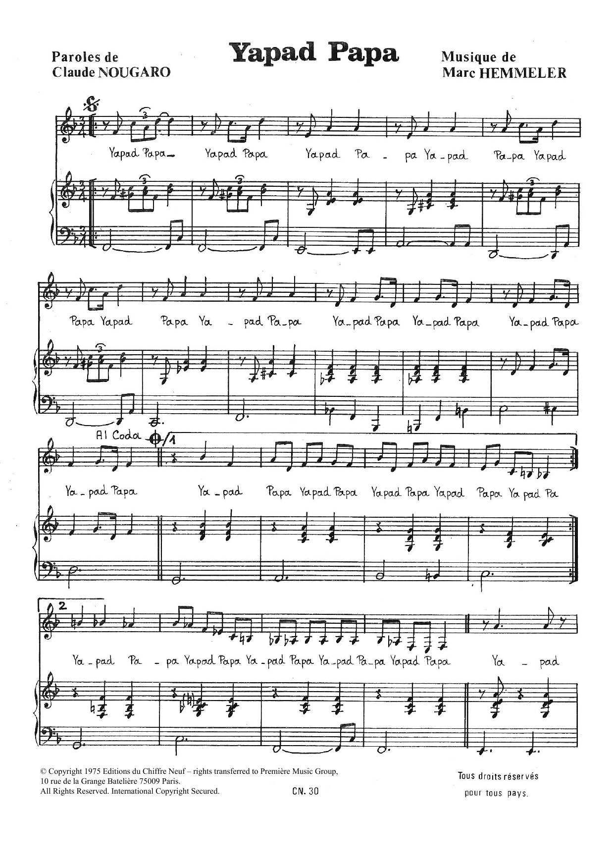 Claude Nougaro Yapad Papa sheet music notes and chords arranged for Piano & Vocal