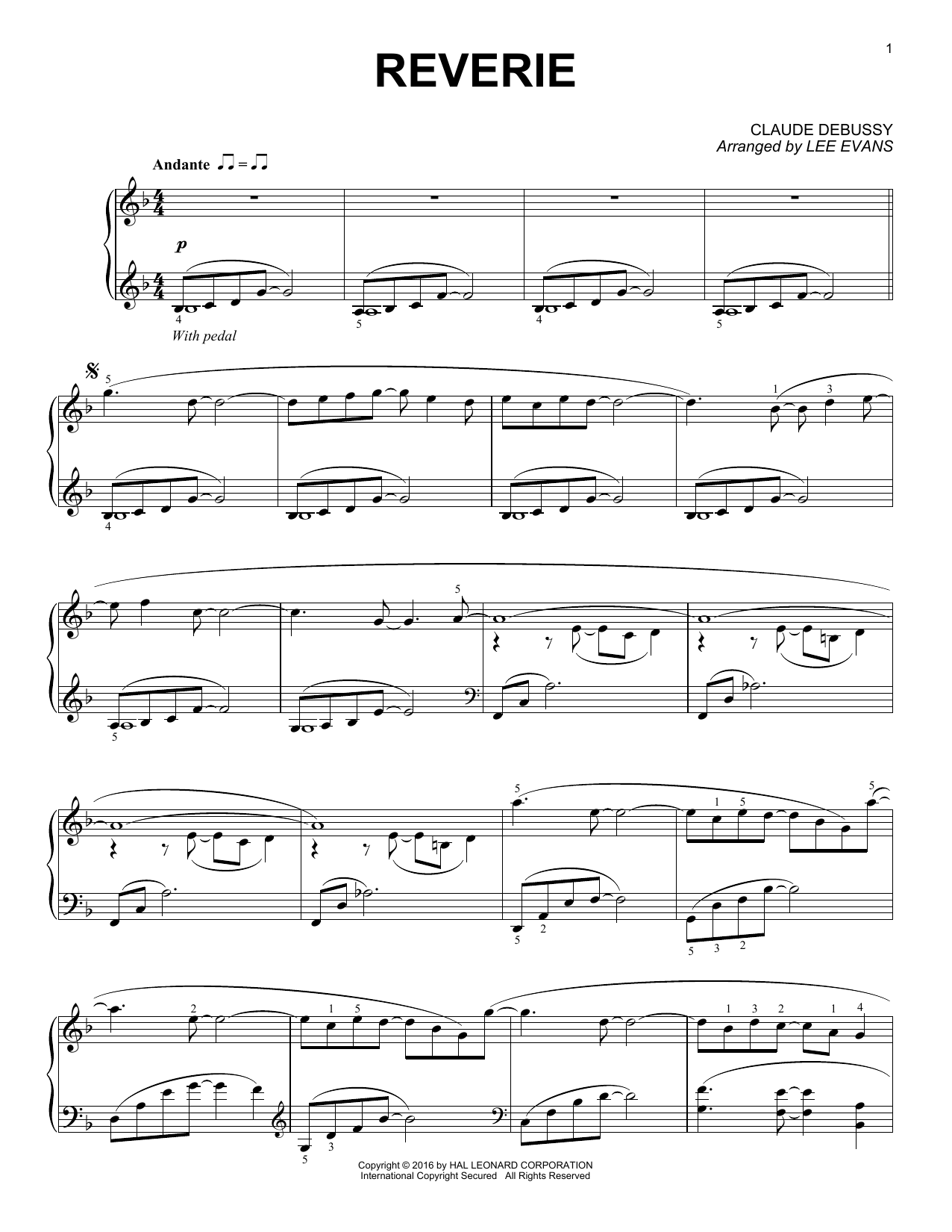 Claude Debussy Reverie (arr. Lee Evans) sheet music notes and chords arranged for Piano Solo