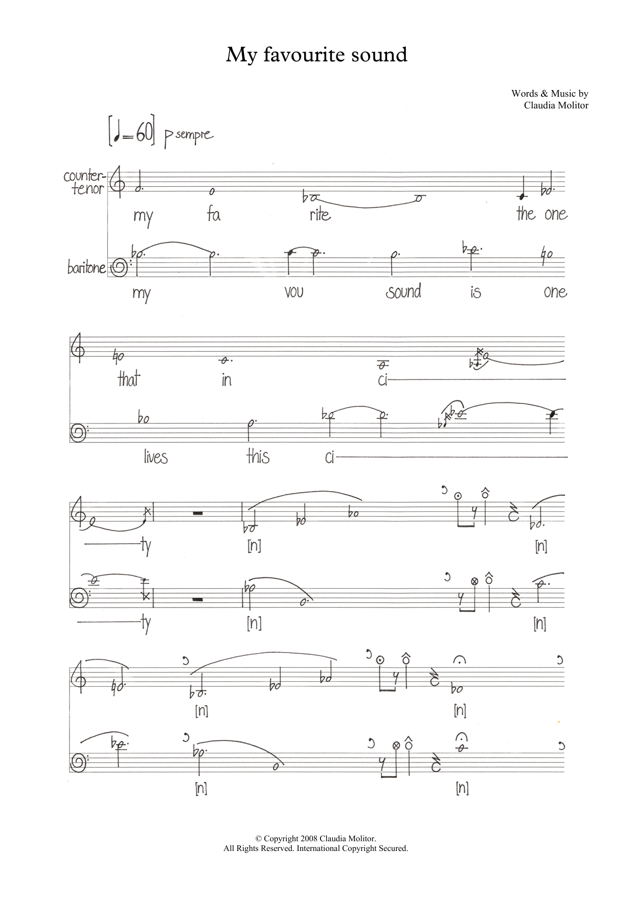 Claudia Molitor My favourite sound (for counter-tenor and baritone) sheet music notes and chords arranged for Piano & Vocal