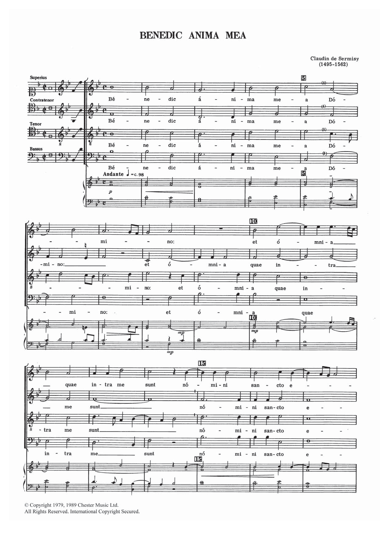 Claudin de Sermisy Benedic Anima Mea sheet music notes and chords arranged for Choir